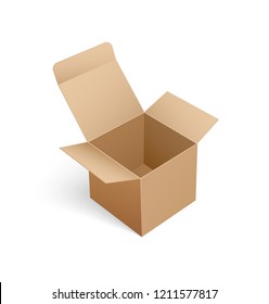 Open carton box of square shape in 3D isometric design. Package icon fir parcels transportation, pack for delivering goods, vector mockup of packing