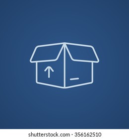 Abra a caixa de embalagem caixa com seta para cima ícone de linha para web, móvel e infográficos. Ícone azul claro vetorial isolado no plano de fundo azul.