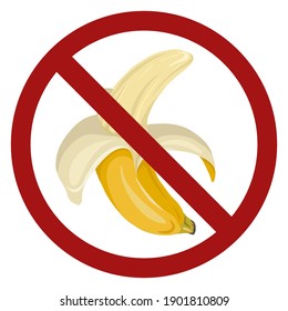 Banana de caricatura abierta con signo de prohibición roja. Peligro de alergias por frutas tropicales. Prohibir la comida. Señal vectorial plana prohibida para pegatinas, insignias y tu diseño.