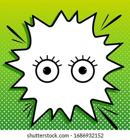 Open cartoon eyes sign. Black Icon on white popart Splash at green background with white spots. Illustration.