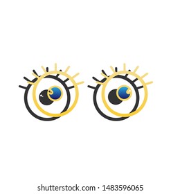 Open cartoon eyes sign. Blue icon with gold contour with dark gray shadow at white background. Illustration.