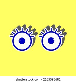 Open cartoon eyes sign. Blue Icon with white stroke in 3d at yellow Background. Illustration.