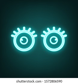 Open cartoon eyes sign. Cyan neon icon in the dark. Bluring. Luminescence. Illustration.