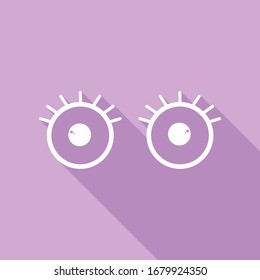 Open cartoon eyes sign. White Icon with long shadow at purple background. Illustration.