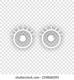 Open cartoon eyes sign. White Icon with dropped natural gray Shadow at transparent Background. Illustration.