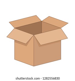Caja de cartón plana de dibujos animados abierta sobre fondo blanco