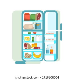 Open Cartoon Hand Drawn Vector Fridge Full Of Food Products