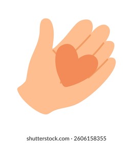 Open cartoon hand holding orange heart symbol in flat pastel illustration