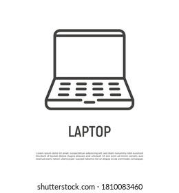 Open cartoon laptop thin line icon. Vector illustration.