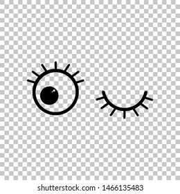 Open cartoon left eye and closed right one. Black icon on transparent background. Illustration.