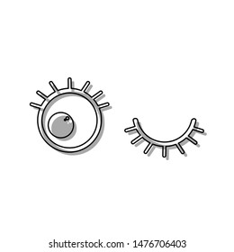 Open cartoon left eye and closed right one. Black line icon with gray shifted flat filled icon on white background. Illustration.