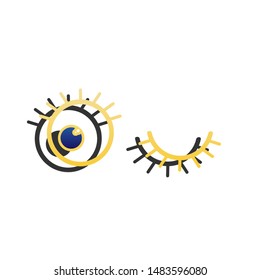 Open cartoon left eye and closed right one. Blue icon with gold contour with dark gray shadow at white background. Illustration.