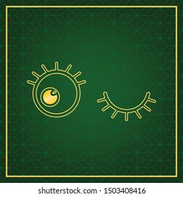 Open cartoon left eye and closed right one. Golden icon with gold contour at dark green gridded white background. Illustration.