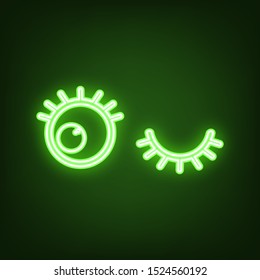 Open cartoon left eye and closed right one. Green neon icon in the dark. Blurred lightening. Illustration.