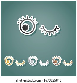 Open cartoon left eye and closed right one. Set of metallic Icons with gray, gold, silver and bronze gradient with white contour and shadow at viridan background. Illustration.