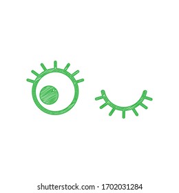 Open cartoon left eye and closed right one. Green scribble Icon with solid contour on white background. Illustration.