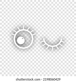 Open cartoon left eye and closed right one. White Icon with dropped natural gray Shadow at transparent Background. Illustration.