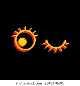 Open cartoon left eye and closed right one. 3D Extruded Yellow Icon with Red Sides a Black background. Illustration.
