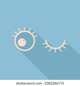 Open cartoon left eye and closed right one. Unbleached silk Icon with very long shadow at dark sky blue background. Illustration.