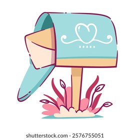 Open cartoon mailbox with falling paper envelope and heart. Funny blue letterbox with love letter. Valentines day, mailing mascot, cartoon cute mailbox with romantic message vector illustration