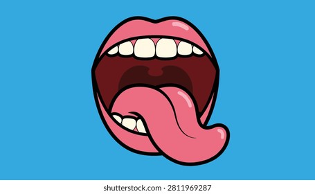 Open cartoon mouth with white teeth and a long pink tongue sticking out, isolated on a bright blue background.