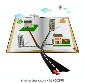 Open Cartoon Pop Up Vector Book With Scenes, People, Buildings,vehicles