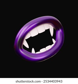 Open cartoon purple vampire mouth with sharp teeth, 3d vector element for halloween design.