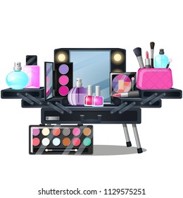 Open case with cosmetics isolated on white background. Vector cartoon close-up illustration.