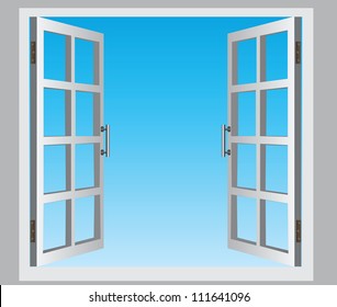 The open casement windows, the blue sky. Vector illustration.