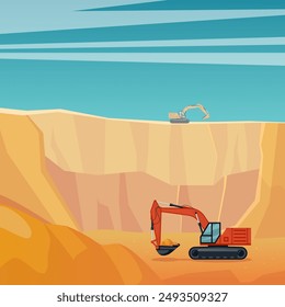 Open cast with a crawler excavator. Square industrial landscape in cartoon style. Vector illustration.