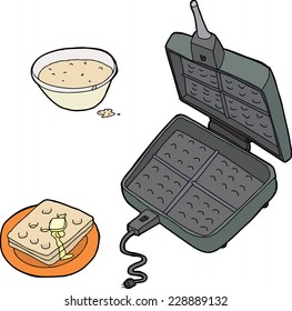 Open cast iron waffle maker with bowl of dough