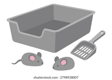 Open cat litter box, two mouse toys, and scoop for pet cleaning and maintenance. Practical pet care supplies.