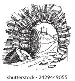 Open cave. Empty opened tomb of Jesus. Easter. Hand drawing sketch vector illustration.
