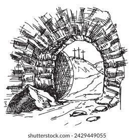 Open cave. Empty opened tomb of Jesus. Easter. Hand drawing sketch vector illustration.
