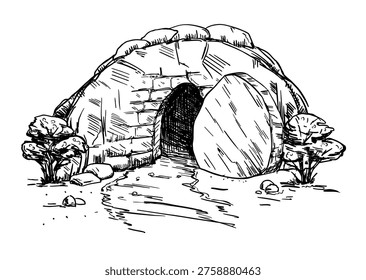 Open cave. Empty opened tomb of Jesus. Easter. Hand drawing sketch vector illustration.