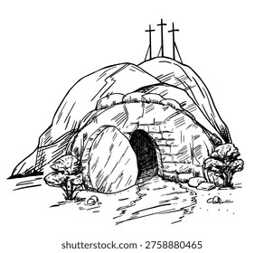 Open cave. Empty opened tomb of Jesus. Easter. Crosses on Golgotha. Hand drawing sketch vector illustration.