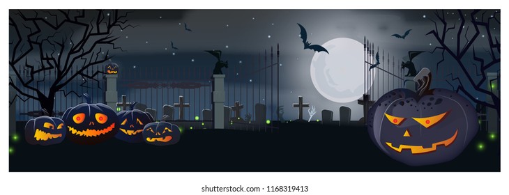 Open cemetery gate with pumpkins and bats at moon night vector illustration. Halloween night background. Holiday concept. For websites, wallpapers, banners or posters