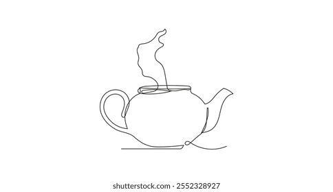 Open ceramic teapot with steam on a background. Modern Minimalist One Line Drawing