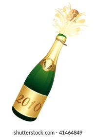 Open champagne bottle 2010. Vector illustration.