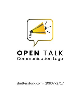 Das offene Chat-Kommunikationslogo mit Zipper-Objekt und Lautsprecher ist perfekt für Kommunikationslogos, Podcast, Chats, Apps etc.