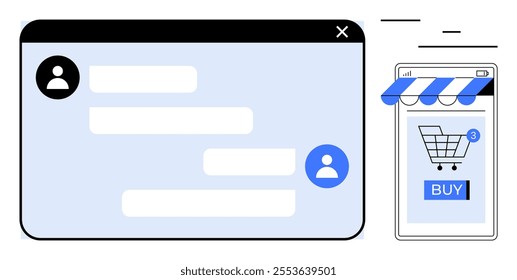 Open chat window with text messages on left and smartphone displaying shopping cart icon with buy button on right. Ideal for e-commerce, customer service, online communication, digital shopping