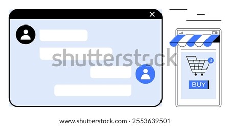 Open chat window with text messages on left and smartphone displaying shopping cart icon with buy button on right. Ideal for e-commerce, customer service, online communication, digital shopping