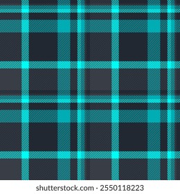 Open check plaid tartan, infant seamless pattern textile. Mesh texture fabric vector background in dark and cyan colors palette.