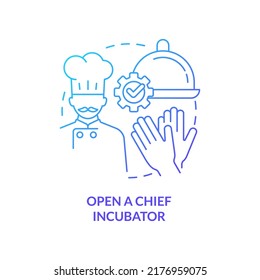 Icono de concepto de gradiente azul de incubadora de cocinero abierto. Un lujoso ejemplo de la delgada línea de la idea abstracta del negocio de los restaurantes. Compartiendo espacio de cocina. Dibujo de contorno aislado. Se usa una fuente Myriad Pro-Bold