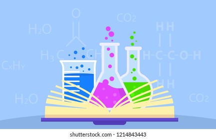 Open chemistry book concept background. Flat illustration of open chemistry book vector concept background for web design