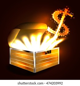 Open chest with dollar departing