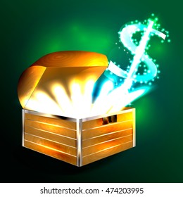 Open chest with dollar,  departing
