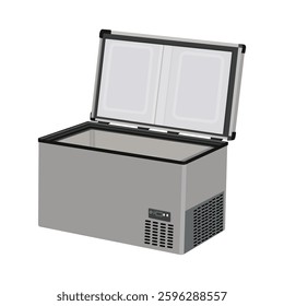Open chest freezer with digital display, modern deep freezer appliance vector illustration