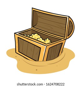 Open chest full of treasure standing on the sand. Archaeology and history. Flat vector illustration, isolated on white background.