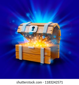 Open chest with gold, the bright background. Vector illustration